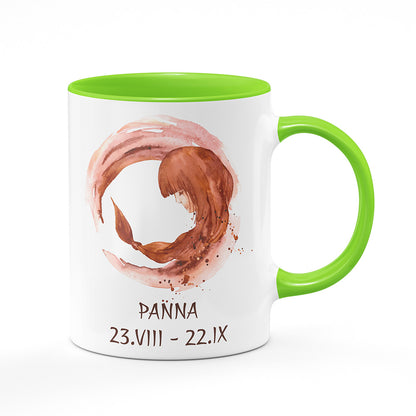 Keramický hrnek bílý s světle zeleným lemem vnitřkem a uchem motiv Panna