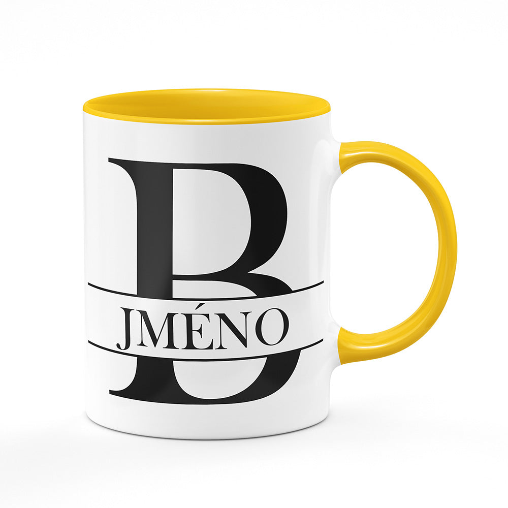 Keramický hrnek bílý s žlutým lemem vnitřkem a uchem motiv Se jménem B…
