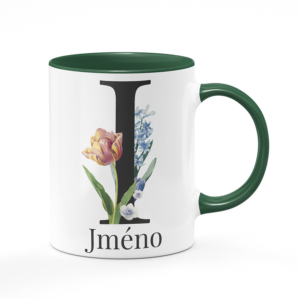 Keramický hrnek bílý s zeleným lemem vnitřkem a uchem motiv Se jménem I…