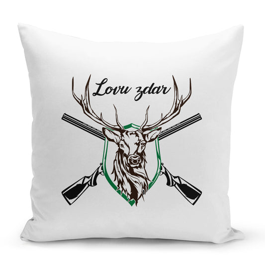 Bílý polštář 40 x 40 cm s motivem Lovu zdar